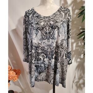 Catherines Velour Velvet V-Neck Paisley Boho Print 3/4 Sleeve Tunic Top Size 2X